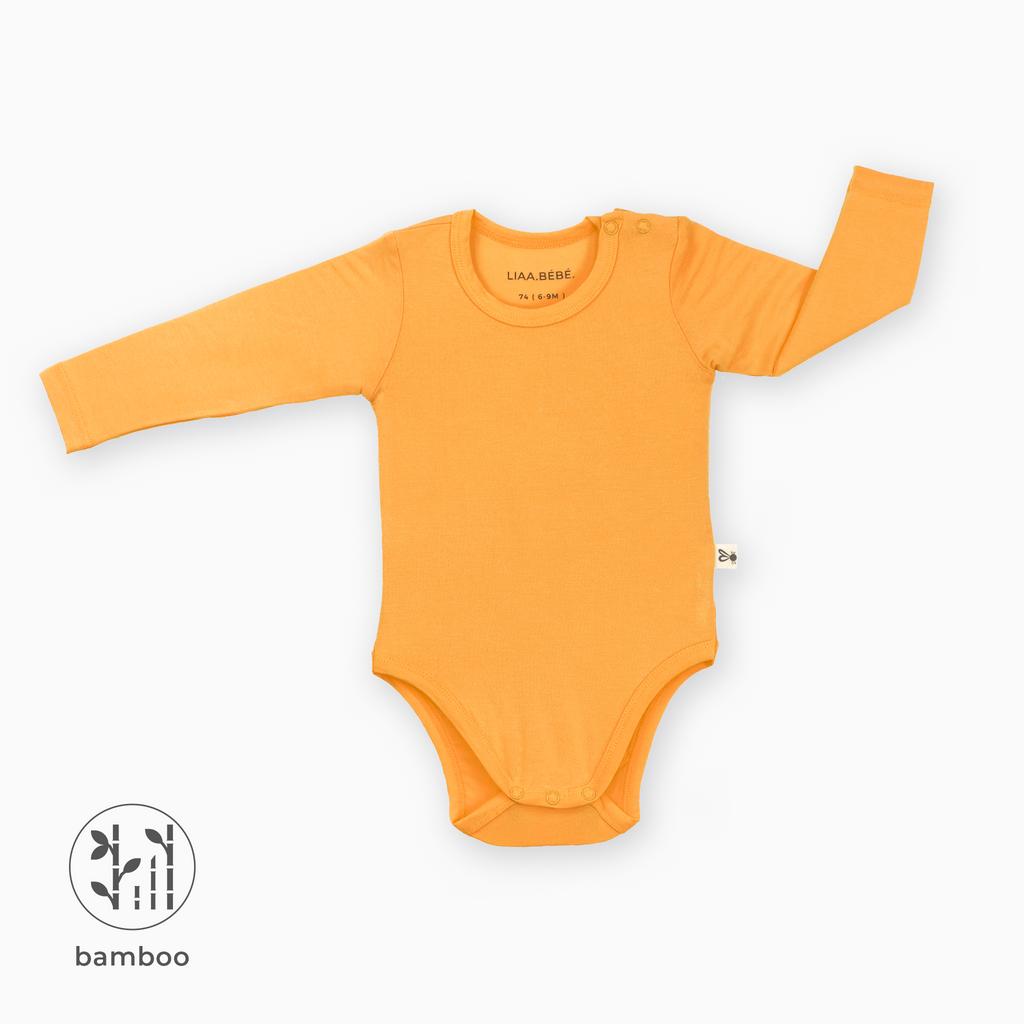 Marigold Orange LiaaBébé Long Sleeve Bodysuit.